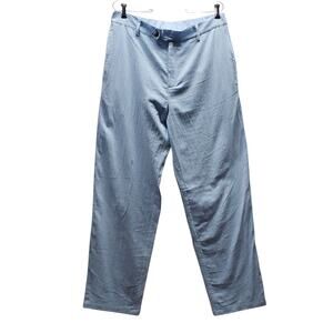 Womens Soft Blue Linen Cotton Pants L Pockets Straight Leg Relaxed Fit Casual